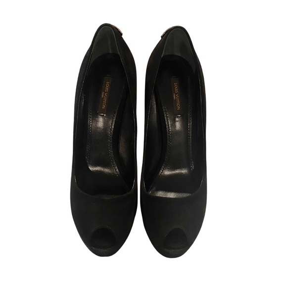Authentic Louis Vuitton Black/Gold Suede Oh Really Peep Toe Platform Pumps Heels - Picture 2 of 11